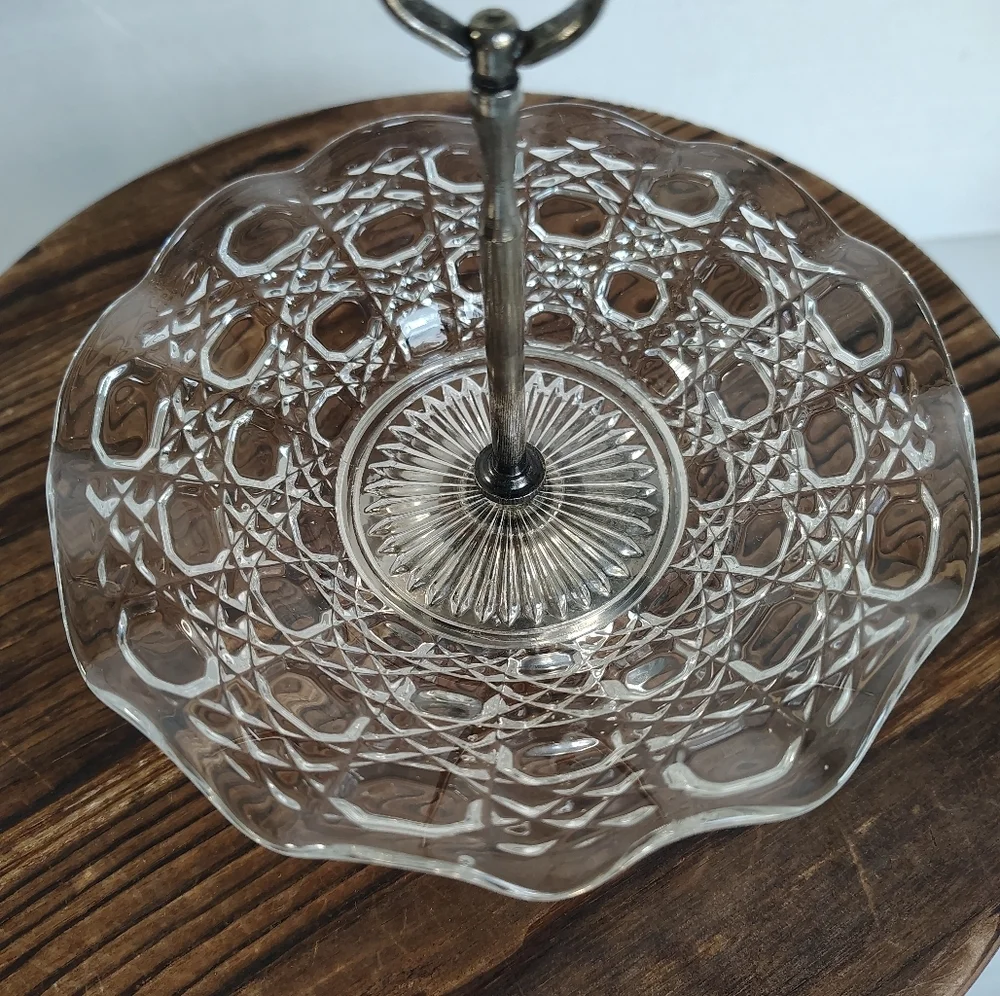 Glass Tidbit Tray Candy Dish W Silver Plated Handle England Jewelry Display Dish